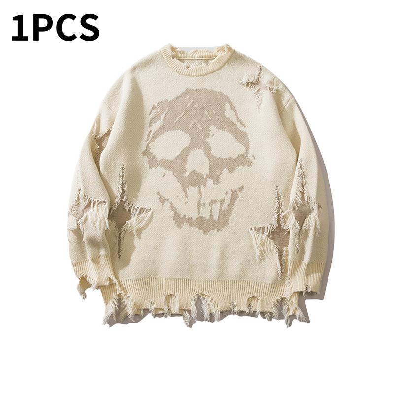Distressed Fringe Knit Sweater – Oversized Orange Skull Jacquard Pullover with Ripped Details, Y2K Gothic Streetwear Style