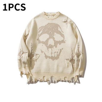 Distressed Fringe Knit Sweater – Oversized Orange Skull Jacquard Pullover with Ripped Details, Y2K Gothic Streetwear Style