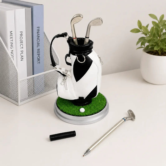 Golf Bag Pen Holder Set with 3 Golf Club Pens – Creative Desktop Organizer & Gift for Golf Lovers