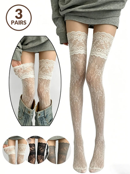 🖤✨ Women’s Sexy Lace Floral Fishnet Thigh High Stockings, Breathable Nylon Over-The-Knee Socks, 1/3/9 Pairs Pack 🧦🌹