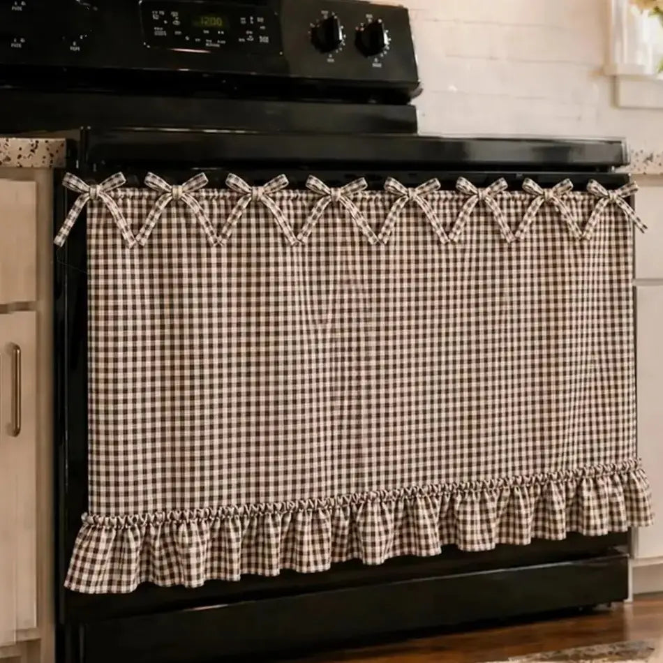 Christmas Oven Curtain Stove Cover, Festive Farmhouse Appliance Skirt with Ruffle Bows & Splatter Guard