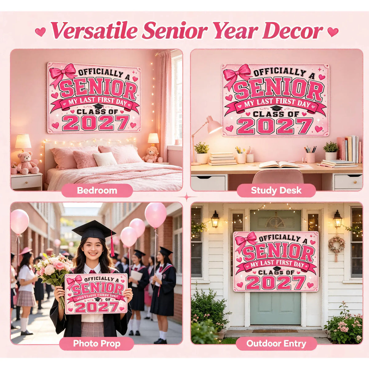 Class of 2027 Senior Metal Wall Art Sign, Retro Pink Graduation Decor, Back to School Photo Prop Poster, 8x12 Inch