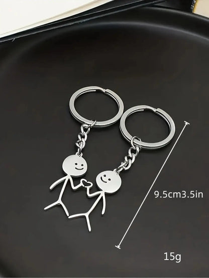 Cute Cartoon Stickman Heart Keychain, Stainless Steel Keyring Gift for Women & Men