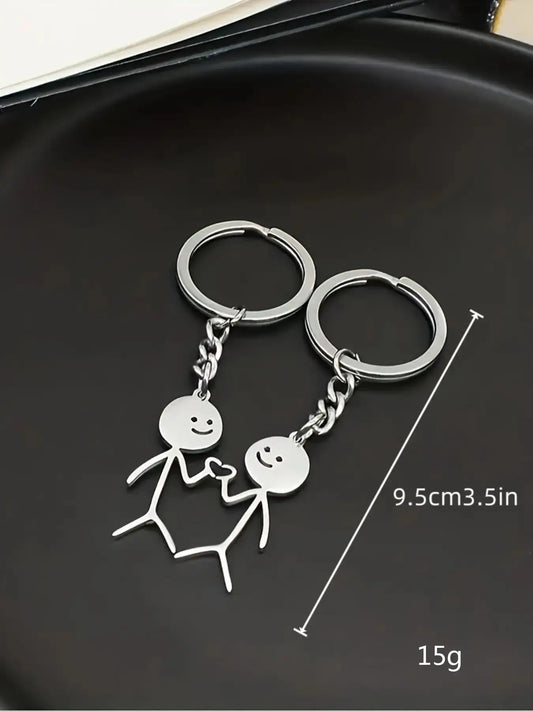 Cute Cartoon Stickman Heart Keychain, Stainless Steel Keyring Gift for Women & Men