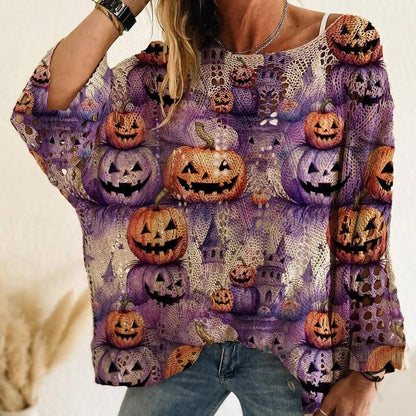 Women’s Halloween Pumpkin & Bat Crochet Knit Pullover, Long Sleeve Open-Knit Sweater, Relaxed Fit Casual Fall Top