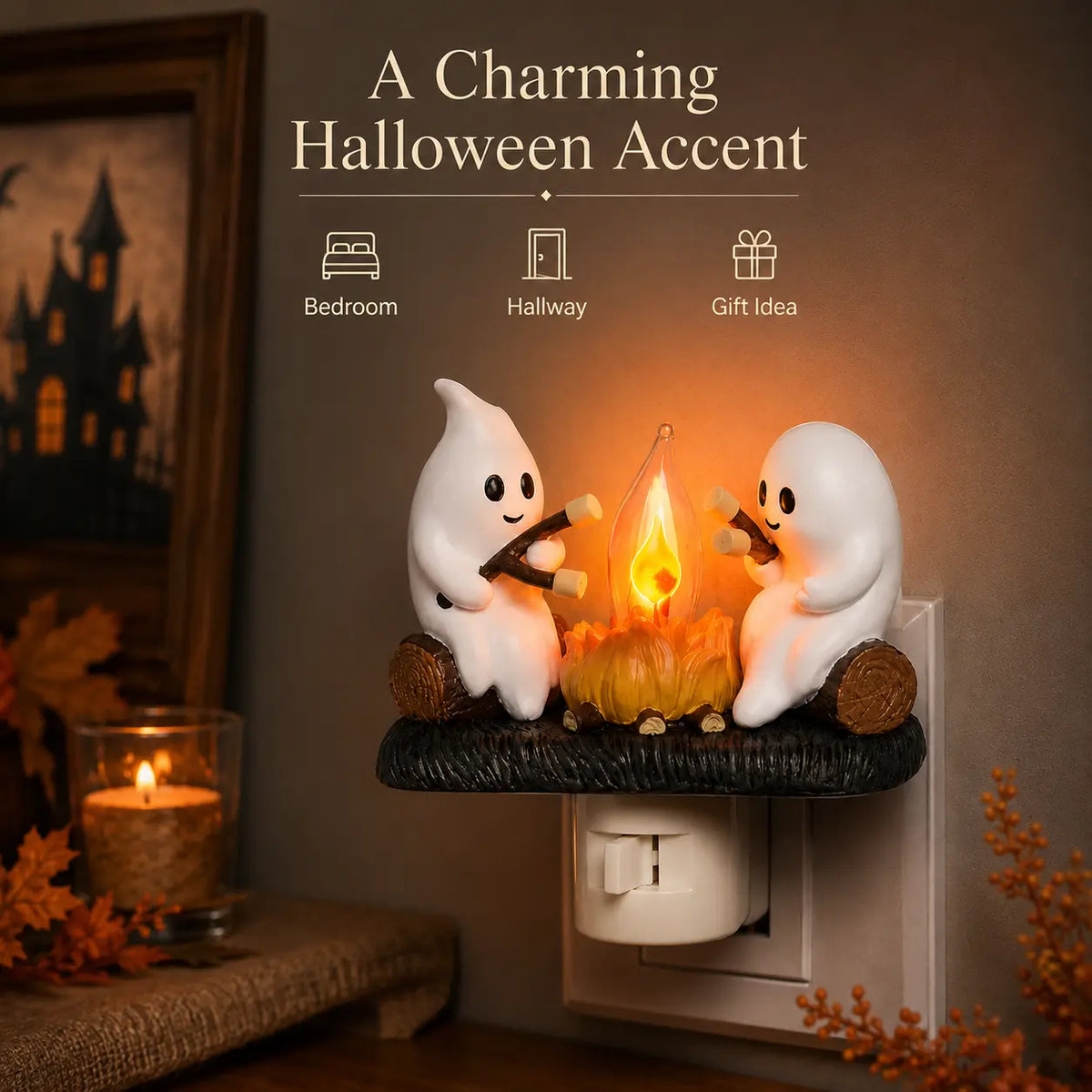 3D Flickering Campfire Plug-In Night Light, Cute Resin LED Holiday Decor for Bedroom & Hallway