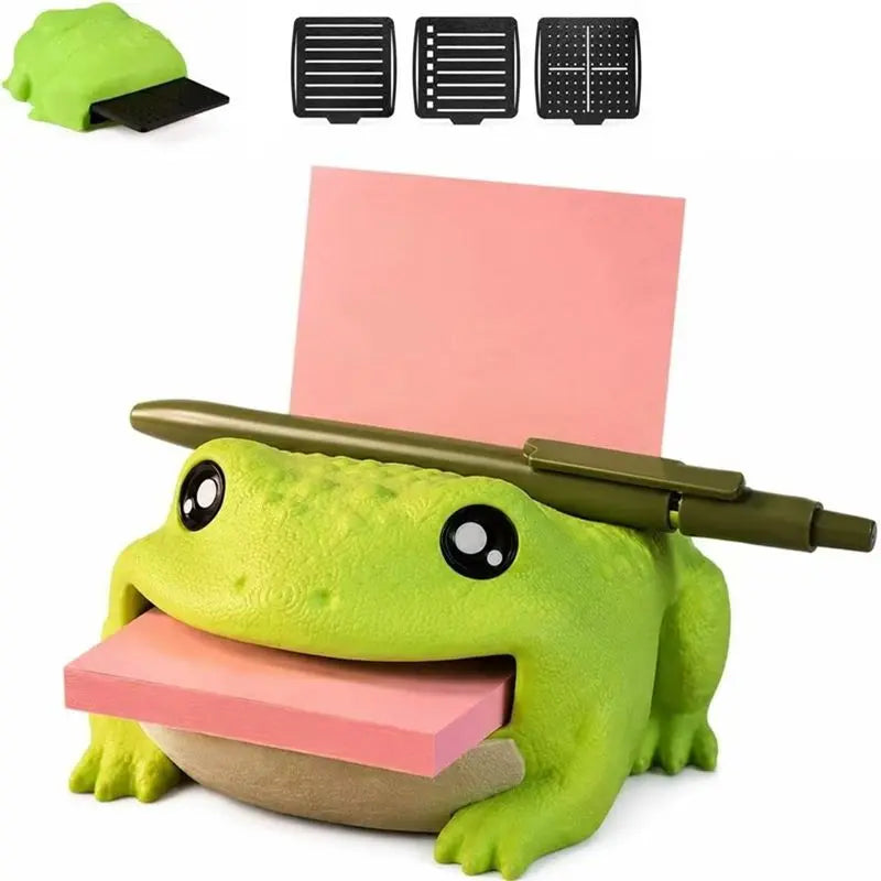 Cute Frog Desk Organizer – Sticky Note Holder with Pen Rest & 3 Writing Stencils