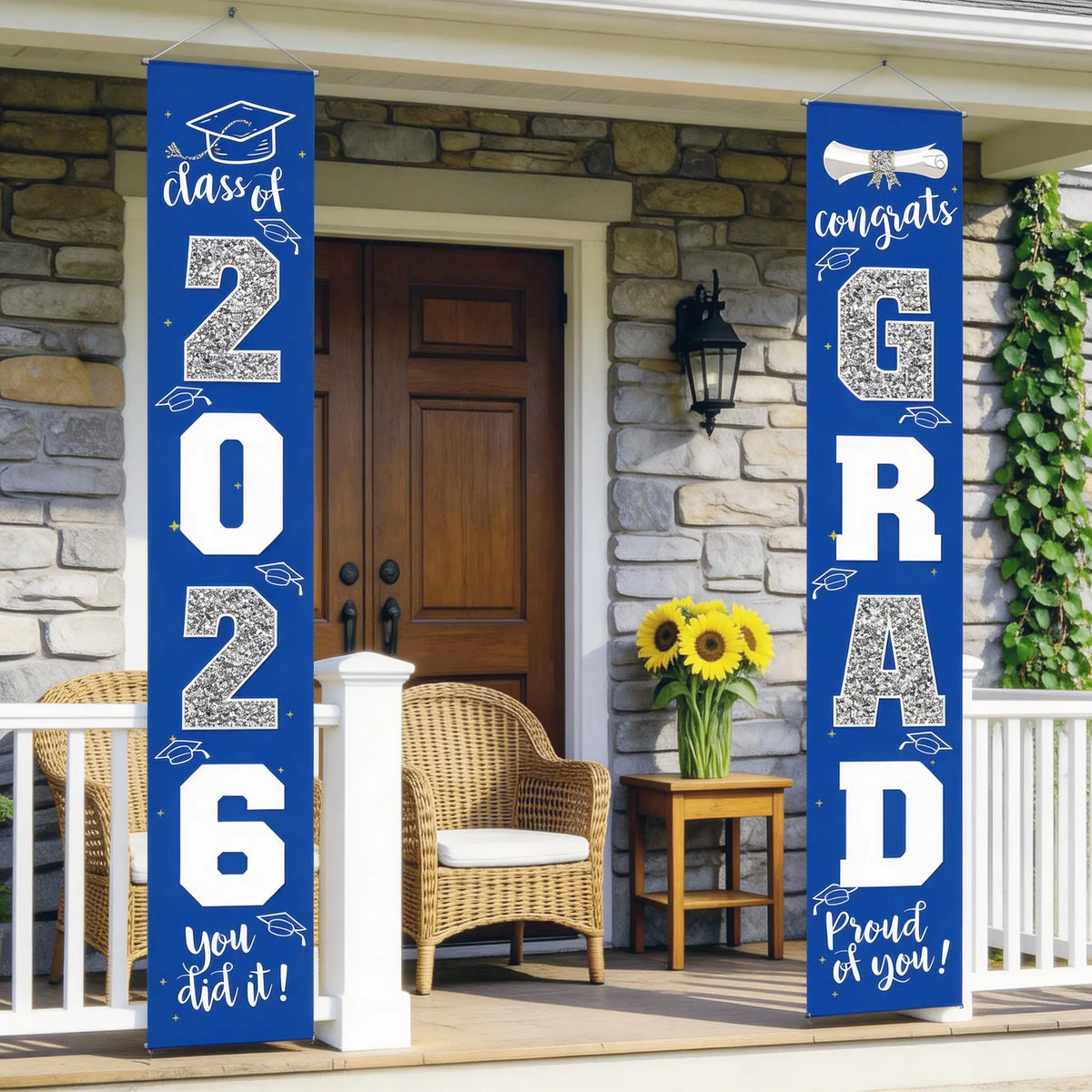 Class of 2026 Graduation Door Hanger, Blue & Silver Congrats Grad Porch Banner, Graduation Party Decoration