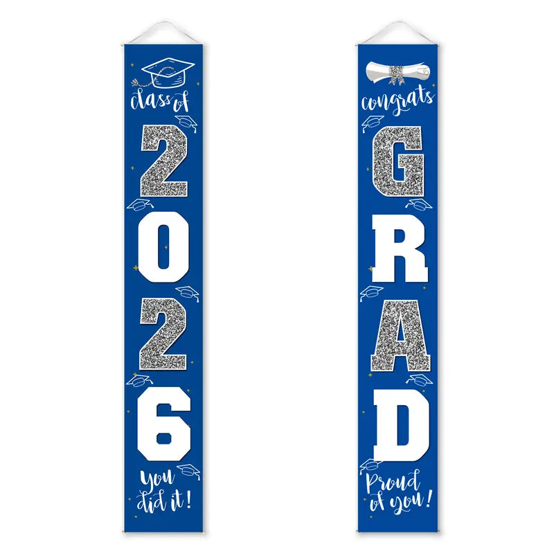 Class of 2026 Graduation Door Hanger, Blue & Silver Congrats Grad Porch Banner, Graduation Party Decoration