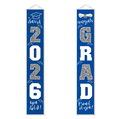 Class of 2026 Graduation Door Hanger, Blue & Silver Congrats Grad Porch Banner, Graduation Party Decoration