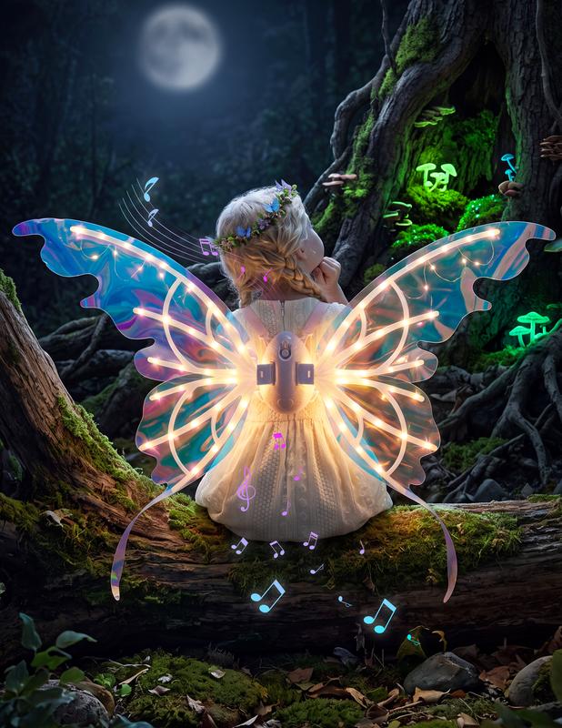 Electric Butterfly Wings with LED Lights & Music, Moving Fairy Wings for Halloween Cosplay & Parties