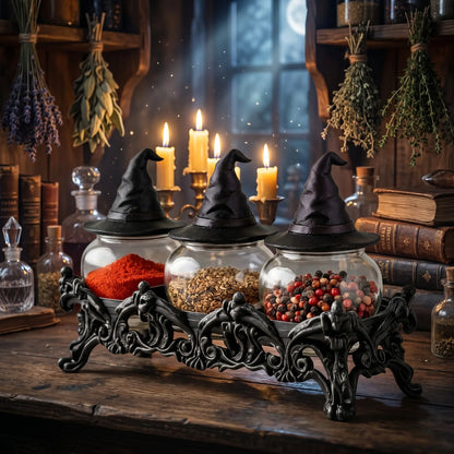 Witch Hat Spice Jar Set of 3 with Gothic Stand, Glass Seasoning Jars for Spices & Herbs, Halloween Kitchen Decor & Unique Gift