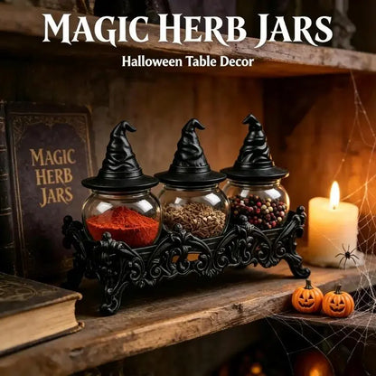 Witch Hat Spice Jar Set of 3 with Gothic Stand, Glass Seasoning Jars for Spices & Herbs, Halloween Kitchen Decor & Unique Gift