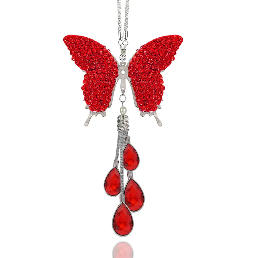 Bling Crystal Butterfly Car Charm, Rhinestone & Pearl Rearview Mirror Pendant, Cute Girly Car Hanging Decoration