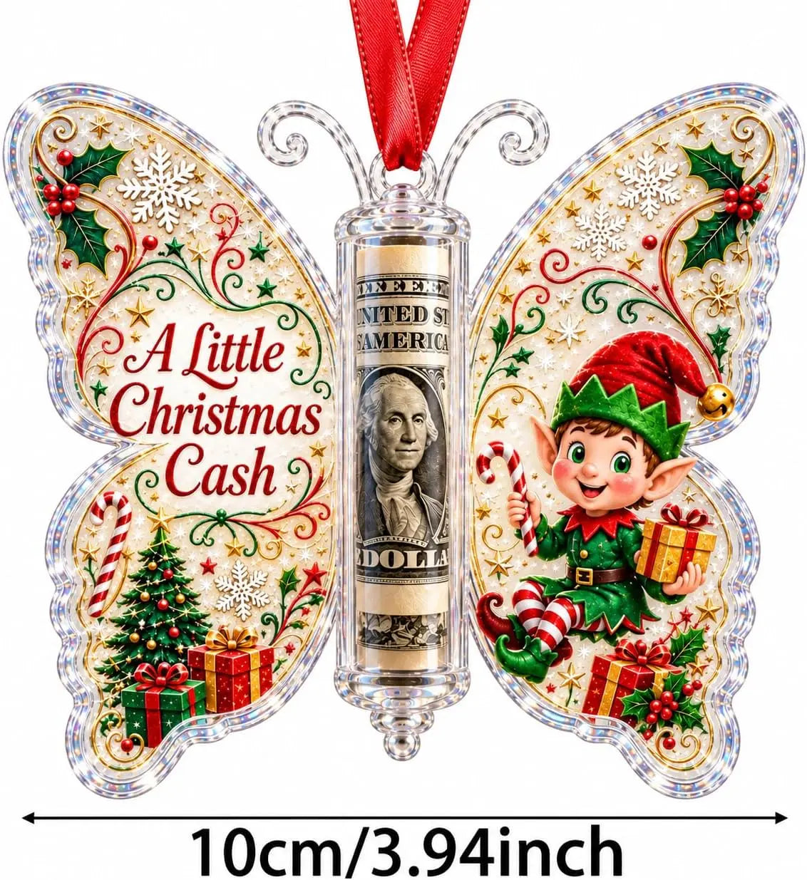 Christmas Cash Gift Ornament, Butterfly Money Holder with Clear Acrylic Display, 5PCS Set