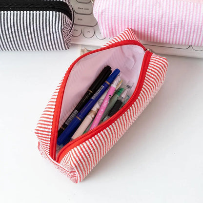 Cute Seersucker Striped Pencil Bag, Large Capacity Multifunctional Storage Pouch for Stationery and Cosmetics