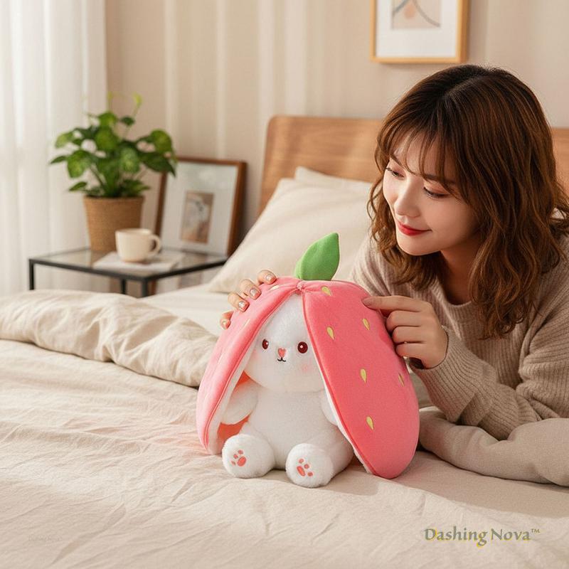DASHING NOVA Reversible Strawberry Bunny Plush Toy, Soft Kawaii Transforming Hide-and-Seek Cuddly Stuffed Animal, Plushies for Birthday Gifts