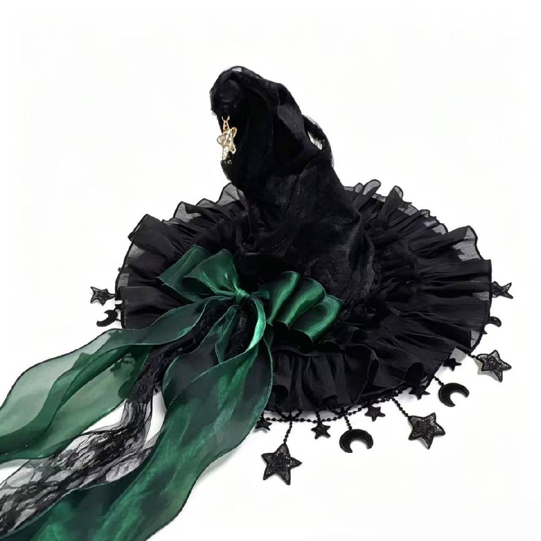 2-Piece Gothic Witch Hat & Moon Star Necklace Set – Starry Tulle Halloween Party Accessories