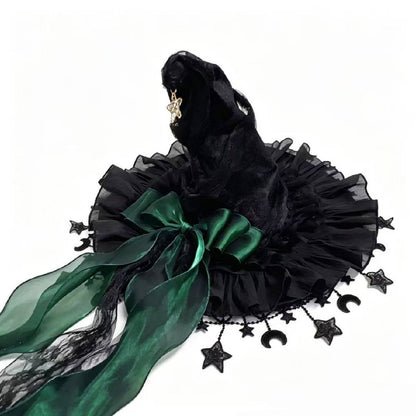 2-Piece Gothic Witch Hat & Moon Star Necklace Set – Starry Tulle Halloween Party Accessories