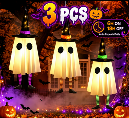 Three Styles Cycle Timer Halloween Hanging Witch Hat Lanterns – Light-Up Ghost Decorations, Indoor Halloween & Party Decor, Soft Fabric Design