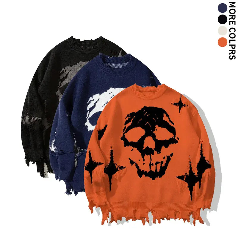 Distressed Fringe Knit Sweater – Oversized Orange Skull Jacquard Pullover with Ripped Details, Y2K Gothic Streetwear Style