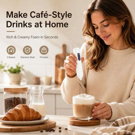 Electric Handheld Milk Frother – USB-C Rechargeable Stainless Steel Foam Maker
