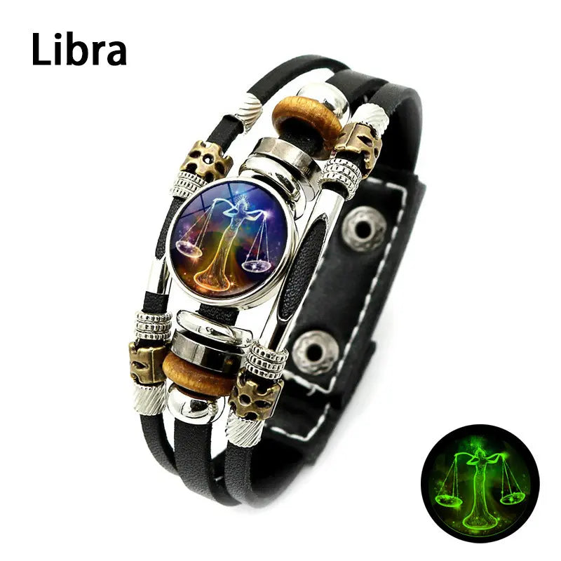 Glow-in-the-Dark Zodiac Leather Bracelet – 12 Sign Astrology Jewelry