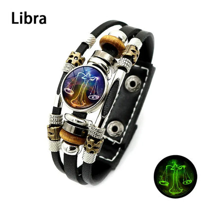 Glow-in-the-Dark Zodiac Leather Bracelet – 12 Sign Astrology Jewelry