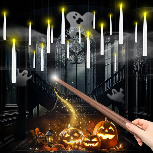 Flameless Floating Candles with Magic Wand Remote, Flickering LED Hanging Candles for Christmas & Halloween Decor