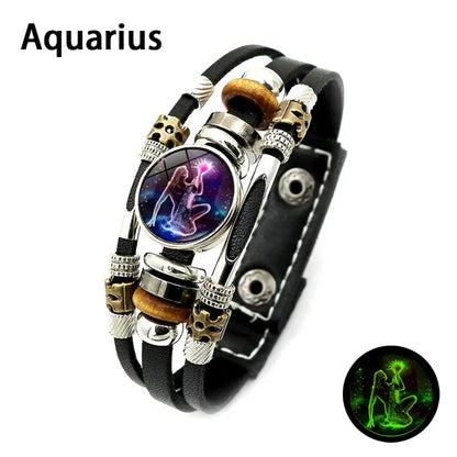Glow-in-the-Dark Zodiac Leather Bracelet – 12 Sign Astrology Jewelry