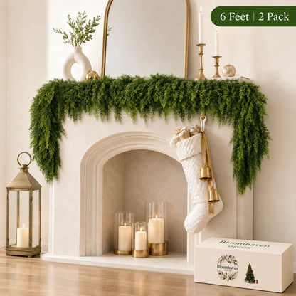 2-Pack 6 FT Artificial Cedar Garlands, Real-Touch Pine Greenery for Mantle, Wall & Holiday Decor