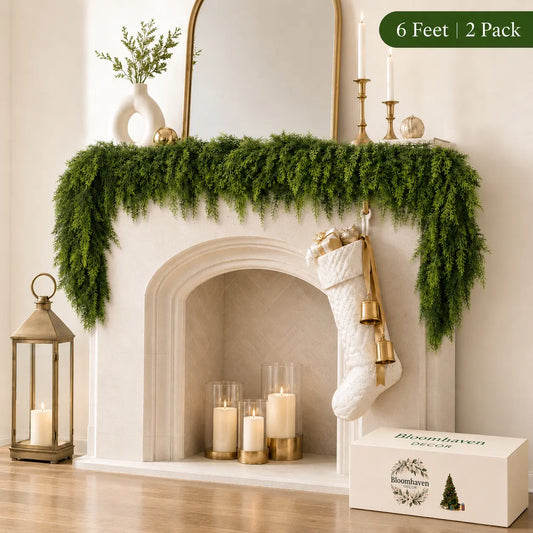 2-Pack 6 FT Artificial Cedar Garlands, Real-Touch Pine Greenery for Mantle, Wall & Holiday Decor