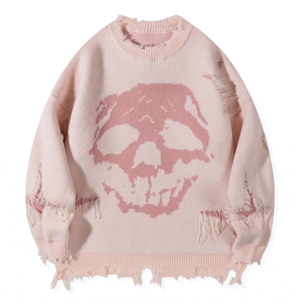 Distressed Fringe Knit Sweater – Oversized Orange Skull Jacquard Pullover with Ripped Details, Y2K Gothic Streetwear Style