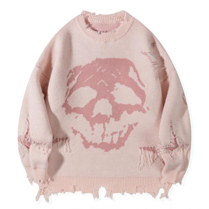 Distressed Fringe Knit Sweater – Oversized Orange Skull Jacquard Pullover with Ripped Details, Y2K Gothic Streetwear Style