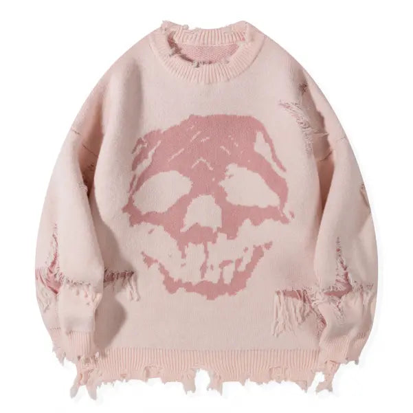Distressed Fringe Knit Sweater – Oversized Orange Skull Jacquard Pullover with Ripped Details, Y2K Gothic Streetwear Style