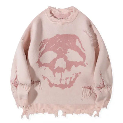 Distressed Fringe Knit Sweater – Oversized Orange Skull Jacquard Pullover with Ripped Details, Y2K Gothic Streetwear Style