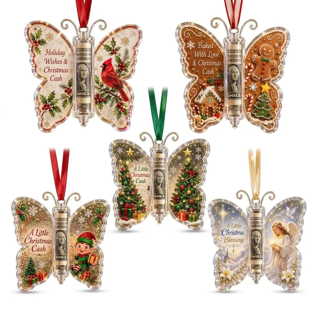 Christmas Cash Gift Ornament, Butterfly Money Holder with Clear Acrylic Display, 5PCS Set