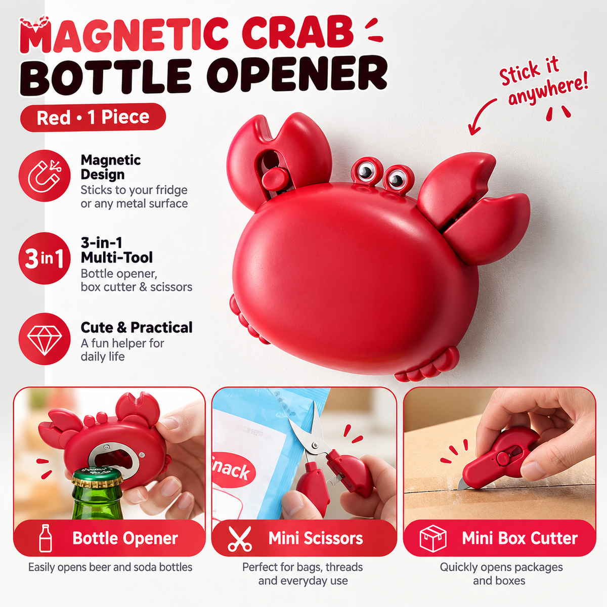 3-in-1 multifunctional crab bottle opener, fridge magnet, box cutter, cartoon portable magnetic scissors
