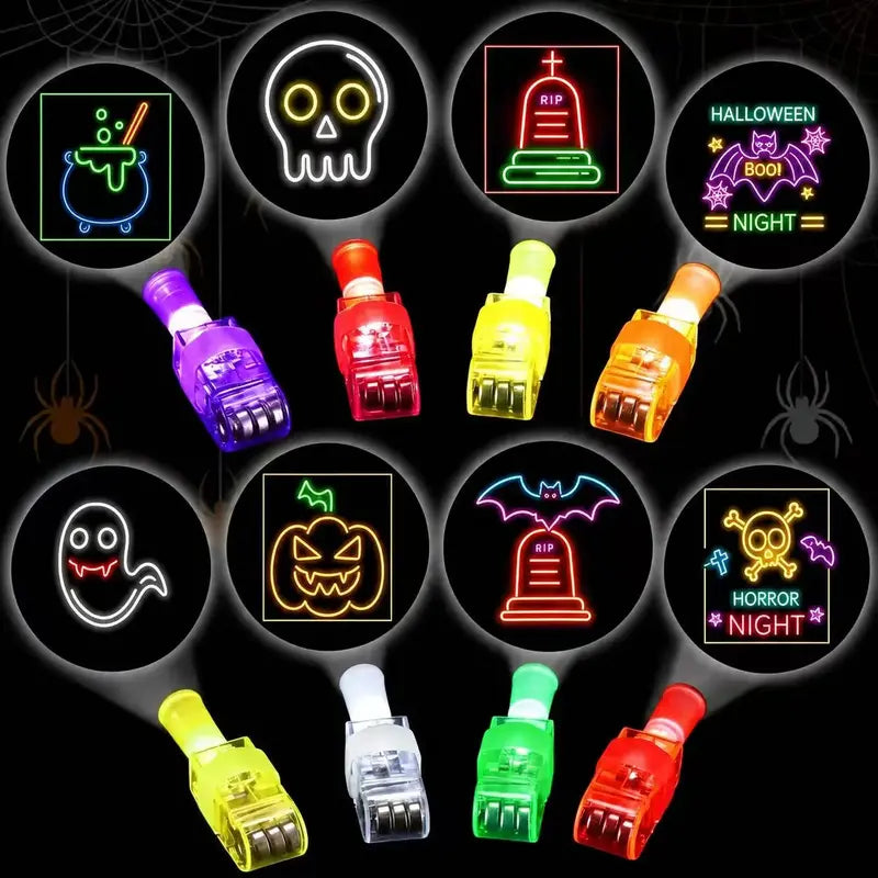 24Pcs Plastic LED Finger Projection Light Set with Halloween Patterns, Creepy Accessories for Halloween Costume, Spooky Glow Finger Flashlights Bulk with Included Cells, Kids Party Favors for Trick-or-Treat Events
