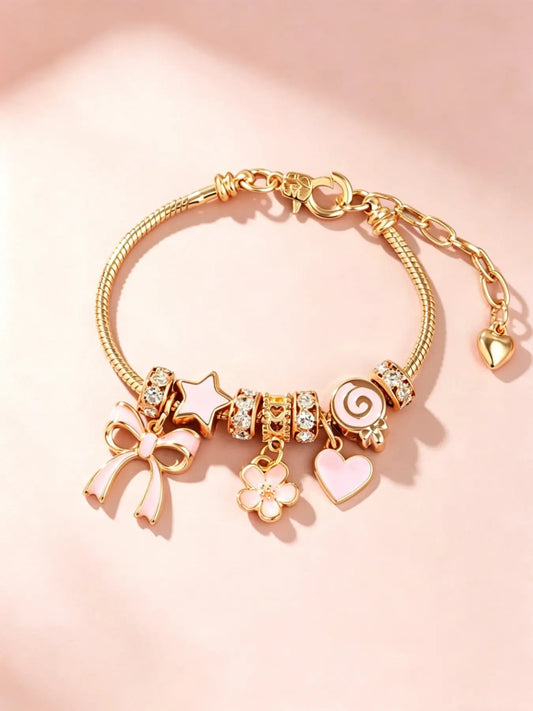 Cute Bow & Heart & Flower Design Charm Bracelet, Rhinestone Decorated Bracelet for Women & Girls, Bracelet for Birthday Gift, Fashionable Bracelet, Fashionable Bracelet Style