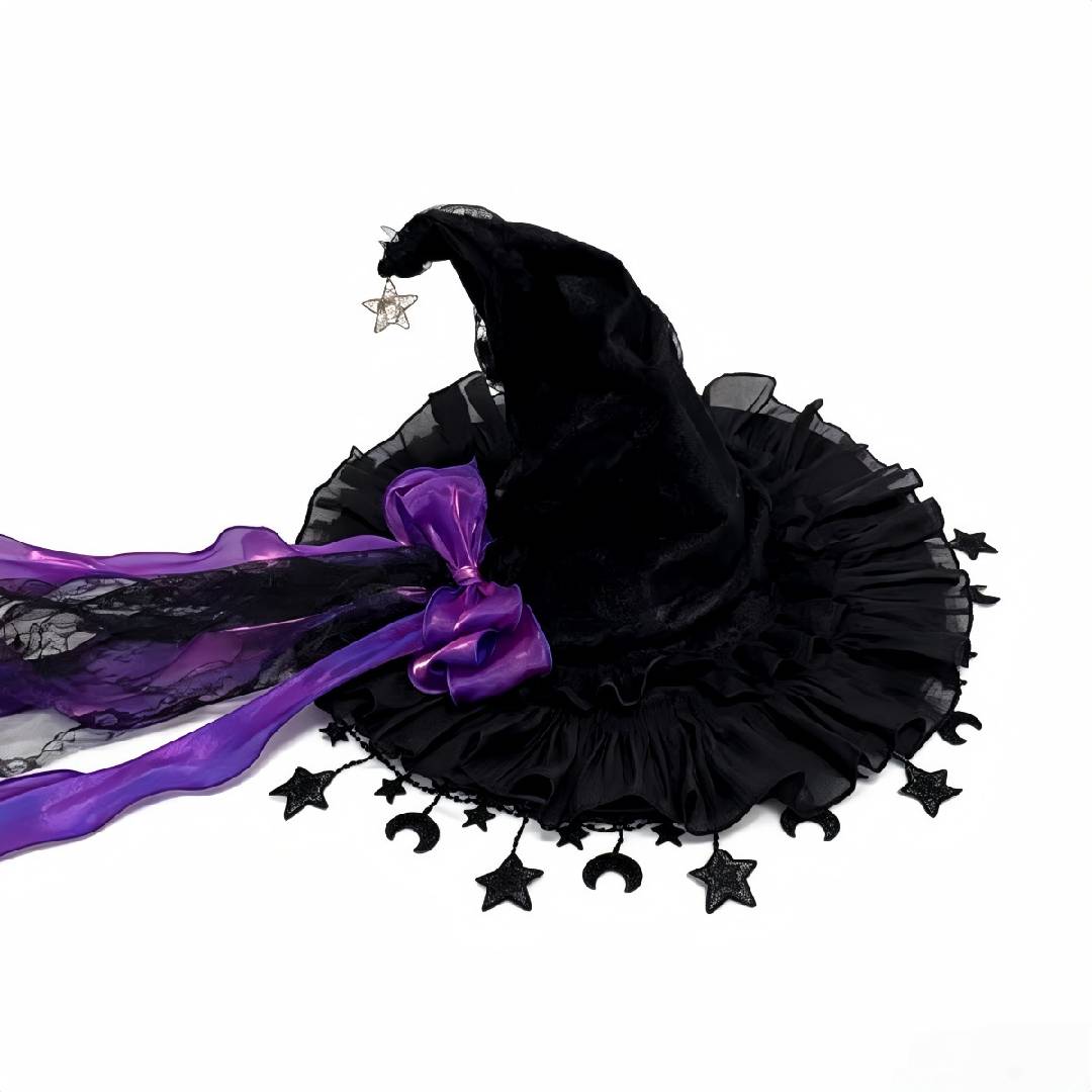 2-Piece Gothic Witch Hat & Moon Star Necklace Set – Starry Tulle Halloween Party Accessories