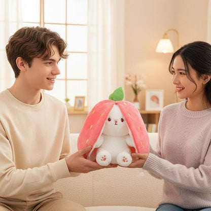 DASHING NOVA Reversible Strawberry Bunny Plush Toy, Soft Kawaii Transforming Hide-and-Seek Cuddly Stuffed Animal, Plushies for Birthday Gifts