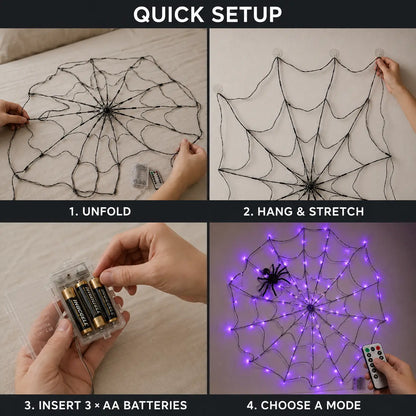 Purple LED Spider Web Lights, 70 LEDs with Plush Spider, Remote Control & 8 Lighting Modes for Halloween Decor