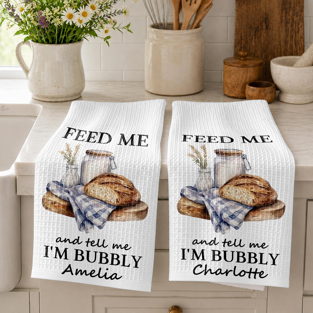 Feed Me Bubbly, Personalized Kitchen Towel, Gift for Sourdough Lovers - 3