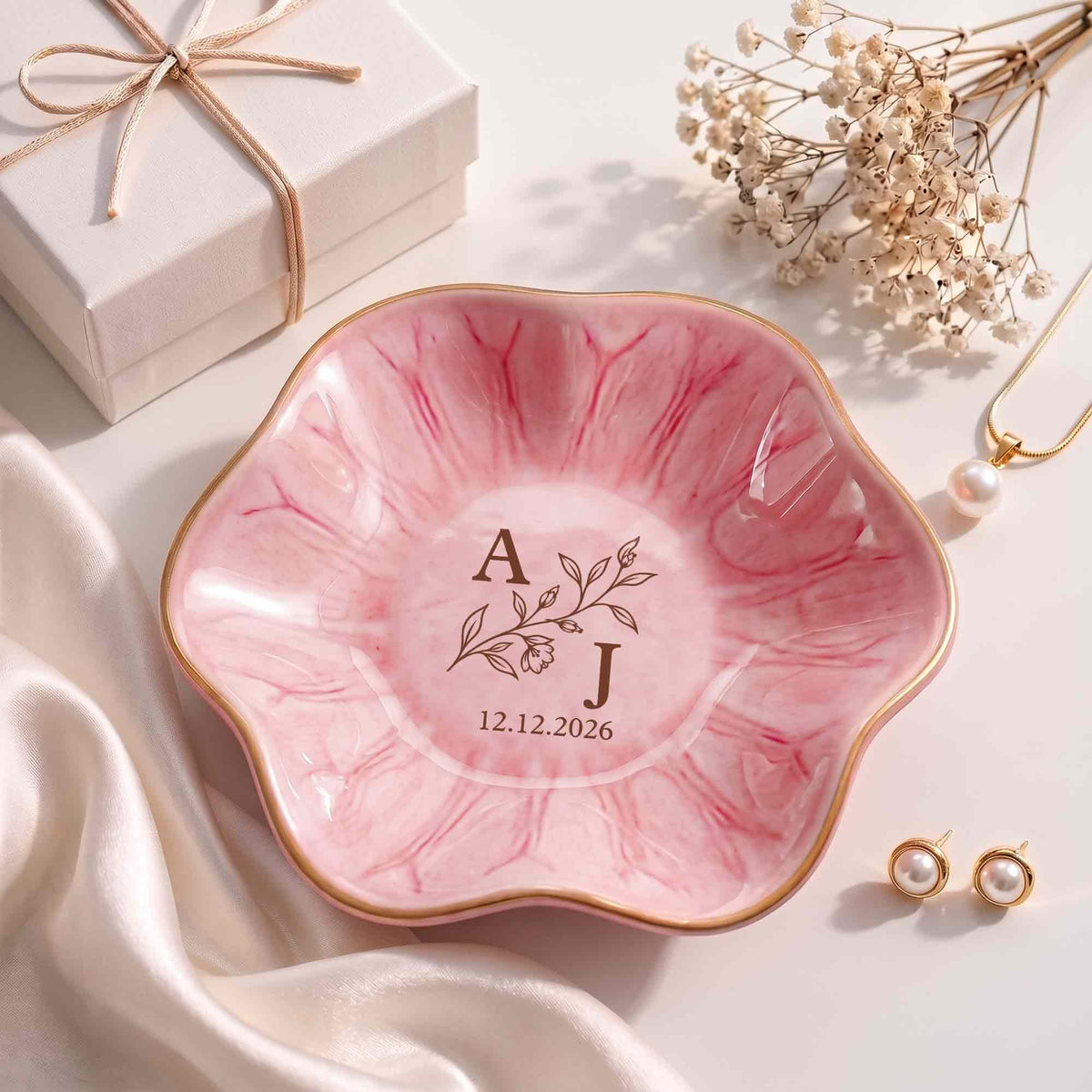 Our Monogram Floral, Personalized Lotus Jewelry Dish, Gift For Couples - 6