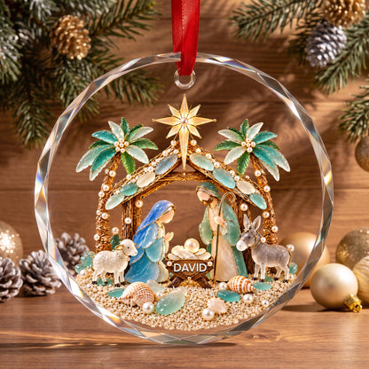 Our Savior Is Born, Personalized Circle Glass Ornament, Gift For Family - 4