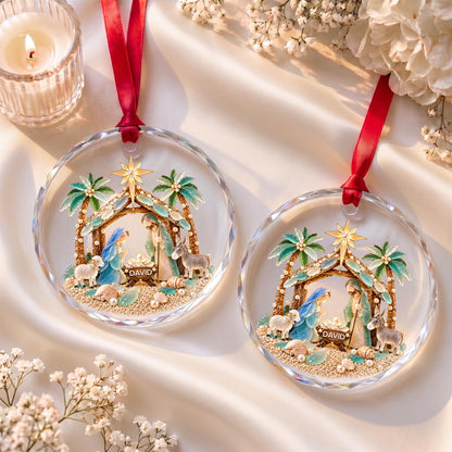 Our Savior Is Born, Personalized Circle Glass Ornament, Gift For Family - 8