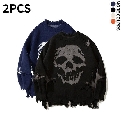 Distressed Fringe Knit Sweater – Oversized Orange Skull Jacquard Pullover with Ripped Details, Y2K Gothic Streetwear Style