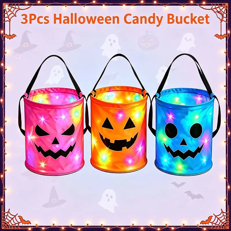 LED Halloween Pumpkin Candy Buckets & Goodie Bags, Reusable Trick-or-Treat Gift Set for Kids