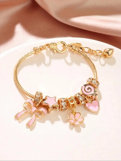 Cute Bow & Heart & Flower Design Charm Bracelet, Rhinestone Decorated Bracelet for Women & Girls, Bracelet for Birthday Gift, Fashionable Bracelet, Fashionable Bracelet Style